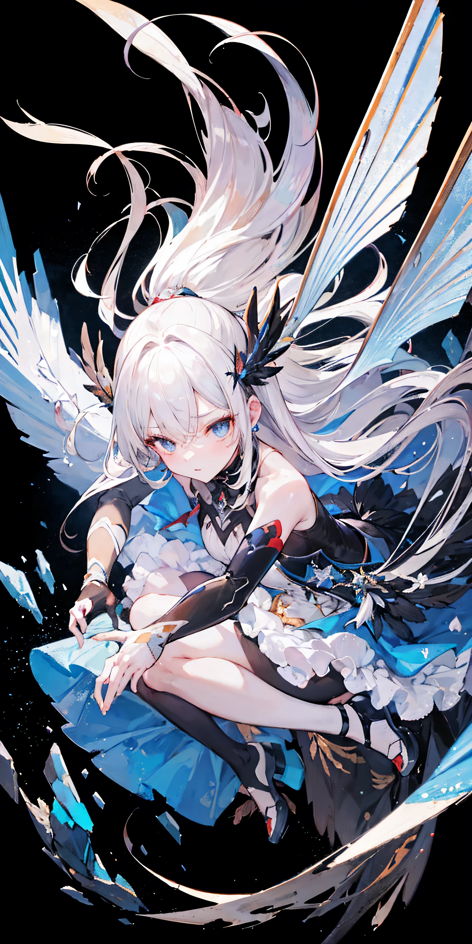 Oil painting frame,Big Perspective,Wide Angle,Impactful graphics,floating,sideways,Character Close-up,4K,masterpiece,best quality,ruins,(Transparent skirt,black background),Clear,master,Various actions,Full body portrait,portrait,1 female, (Mature),Long face,Pointed face,White long hair,Fairy,gemstone crow,Wings Dress, Mecha,Fairy air,ribbon, diamond, Bare shoulders, crow, Looking at the audience, in the sky, fLight, Vibrant colors, Light, masterpiece, best quality, flight,Mature,asymmetrical clothes,HighLights,Long skirt,Own,Personal Photography