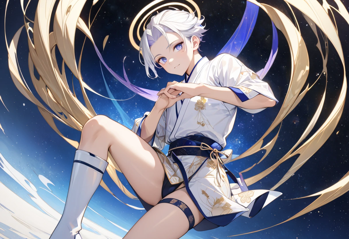 Fresh illustration,
Ultra-fine drawing,
Very delicate illustration,
Very fine details,
One boy,
Full body,
Height 158cm,
Fair skin,
Right eye is purple,
Left eye is blue,
Odd eyes,
Heterochromie iris,
Beautiful eyes,
Large black pupils,
Cleanly cut hairstyle,
Slicked back hairstyle,
Short hair,
Shiny hair,
Blue roots and white hair elsewhere,
Hair with a gradient,
Cute face,
Pretty face,
Shiny halo on the back of the head,
Raised eyebrows,
Upper body in kimono,
Upper body in traditional Japanese clothing,
Masculine build,
Six pack,
Very small breasts,
No breasts,
Lower body in Chinese dress,
Black obi,
Overall white clothes,
Tasteful embroidery with gold thread,
Clothes with a high-quality texture,
Jock straps,
Thigh straps,
Thigh straps digging into skin,
White long boots,
Japanese style toes,
Five fingers on hands and feet,
Thin waist,
Thin legs,
Isometric,
Golden ratio,
Divine atmosphere,
Wearing an indigo-colored stand-up collared inner,
Outer space,
Galaxy,
Countless small stars,
Tactical use of shadows,
Free pose,
Sexy pose,
Exposing skin,
Erotic pose,
Adult pose,
Lewd appearance,
Looking at camera,
Buttocks facing camera,
Pervert,
See-through clothes,