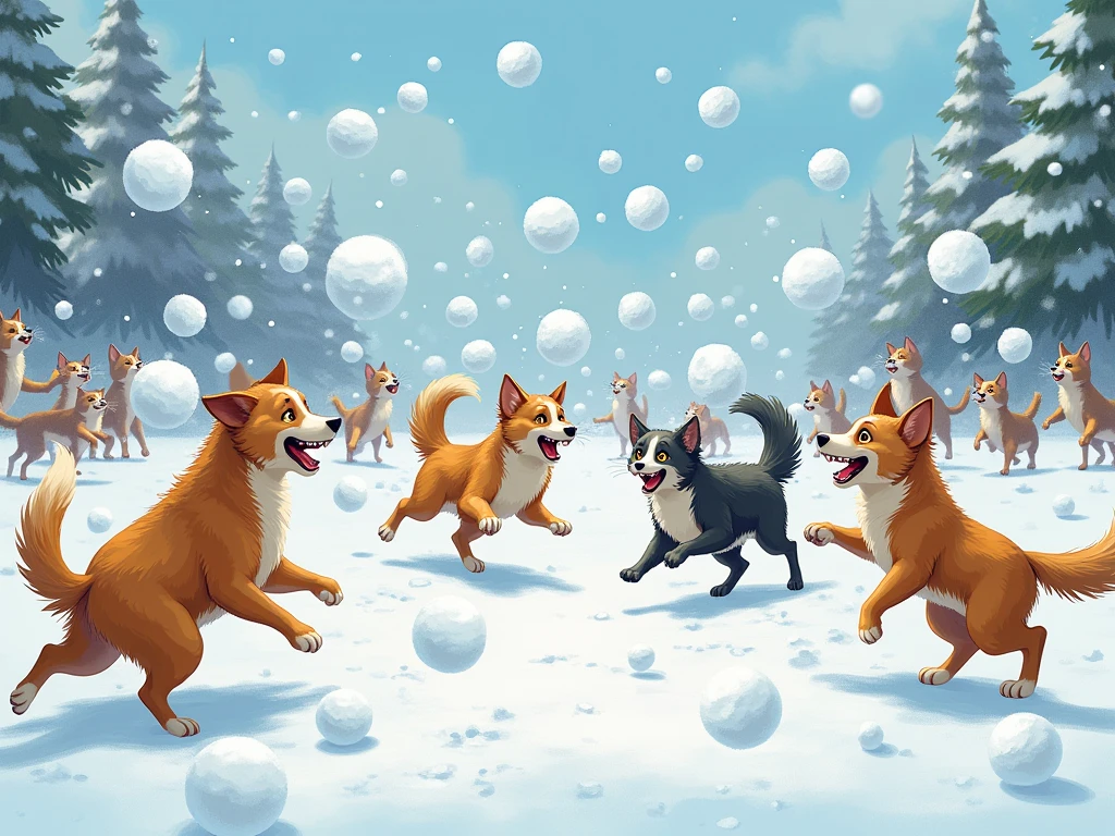 ( Animals that play in a snowball fight ),( dog team vs. cat team throw snowballs at each other),(Throw snowballs and hit each other ),