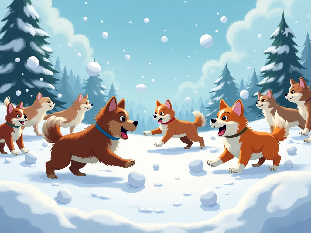 ( Animals that play in a snowball fight ),( dog team vs. cat team throw snowballs at each other),(Throw snowballs and hit each other ),