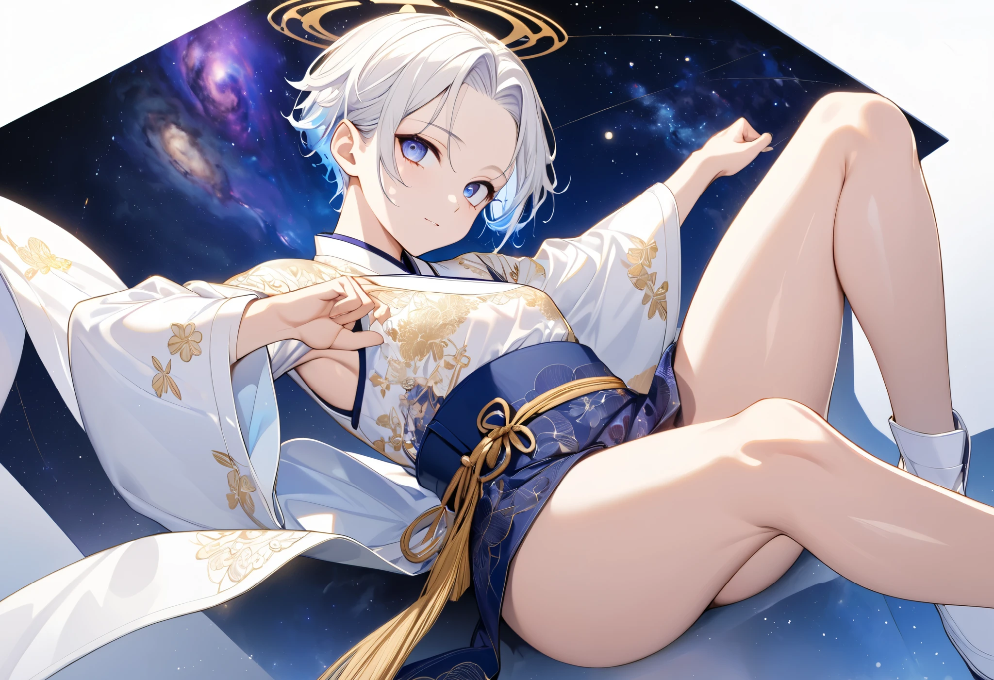 Fresh illustration,
Ultra-fine drawing,
Very delicate illustration,
Very fine details,
One boy,
Full body,
Height 158cm,
Fair skin,
Right eye is purple,
Left eye is blue,
Odd eyes,
Heterochromie iris,
Beautiful eyes,
Large black pupils,
Cleanly cut hairstyle,
Slicked back hairstyle,
Short hair,
Shiny hair,
Blue roots and white hair elsewhere,
Hair with a gradient,
Cute face,
Pretty face,
Shiny halo on the back of the head,
Raised eyebrows,
Upper body in kimono,
Upper body in traditional Japanese clothing,
Masculine build,
Six pack,
Very small breasts,
No breasts,
Lower body in Chinese dress,
Black obi,
Overall white clothes,
Tasteful embroidery with gold thread,
Clothes with a high-quality texture,
Jock straps,
Thigh straps,
Thigh straps digging into skin,
White long boots,
Japanese style toes,
Five fingers on hands and feet,
Thin waist,
Thin legs,
Isometric,
Golden ratio,
Divine atmosphere,
Wearing an indigo-colored stand-up collared inner,
Outer space,
Galaxy,
Countless small stars,
Tactical use of shadows,
Free pose,
Sexy pose,
Exposing skin,
Erotic pose,
Adult pose,
Lewd appearance,
Looking at camera,
Buttocks facing camera,
Pervert,
See-through clothes,