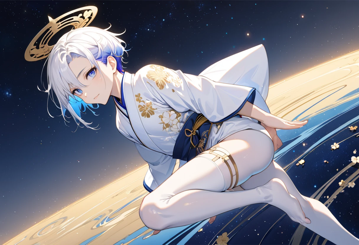 Fresh illustration,
Ultra-fine drawing,
Very delicate illustration,
Very fine details,
One boy,
Full body,
Height 158cm,
Fair skin,
Right eye is purple,
Left eye is blue,
Odd eyes,
Heterochromie iris,
Beautiful eyes,
Large black pupils,
Cleanly cut hairstyle,
Slicked back hairstyle,
Short hair,
Shiny hair,
Blue roots and white hair elsewhere,
Hair with a gradient,
Cute face,
Pretty face,
Shiny halo on the back of the head,
Raised eyebrows,
Upper body in kimono,
Upper body in traditional Japanese clothing,
Masculine build,
Six pack,
Very small breasts,
No breasts,
Lower body in Chinese dress,
Black obi,
Overall white clothes,
Tasteful embroidery with gold thread,
Clothes with a high-quality texture,
Jock straps,
Thigh straps,
Thigh straps digging into skin,
White long boots,
Japanese style toes,
Five fingers on hands and feet,
Thin waist,
Thin legs,
Isometric,
Golden ratio,
Divine atmosphere,
Wearing an indigo-colored stand-up collared inner,
Outer space,
Galaxy,
Countless small stars,
Tactical use of shadows,
Free pose,
Sexy pose,
Exposing skin,
Erotic pose,
Adult pose,
Lewd appearance,
Looking at camera,
Buttocks facing camera,
Pervert,
See-through clothes,