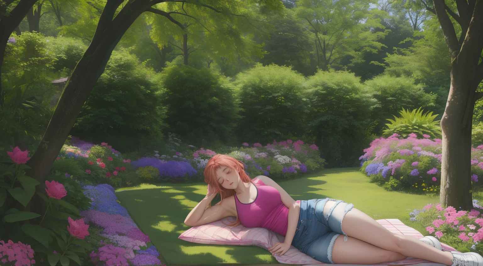 "A wide-angle, top-down view of a woman peacefully sleeping in the middle of a lush and vibrant flower garden surrounded by numerous tall, leafy trees. The garden bursts with colors—pinks, purples, yellows, and whites—that stretch endlessly, creating a magical and serene atmosphere. The woman lies relaxed in the center, her blonde-red hair tied back, dressed in a pink tank top, long denim jeans, and white sneakers, with a plaid flannel shirt tied casually around her waist. Sunlight filters through the dense tree canopy, casting dappled light and soft shadows across the flowers and her tranquil figure. The expansive view captures the harmony of the enchanting garden and the peaceful shelter of the surrounding forest, evoking a sense of wonder and calm."