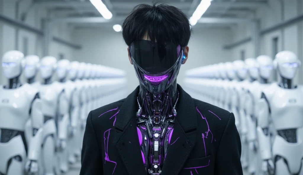 handsome, dashing Korean man, handsome kpop idol, his body is a sophisticated black cyborg robot with purple futuristic lines, and his mouth is also a sophisticated machine robot, his body is full of intricate details of highly detailed machines, is in a factory with lots of white robots lined up behind him, his body facing straight forward, the camera's perspective is from the man's front,