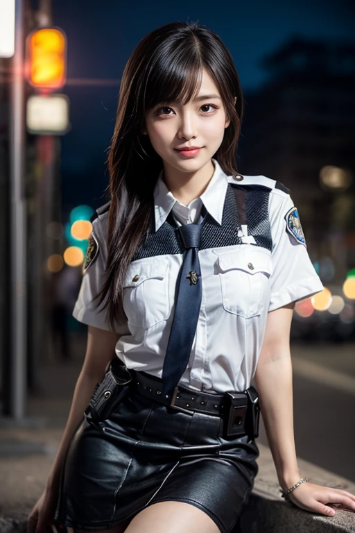 (Best quality, 8k, 32k, Masterpiece, UHD:1.2), (realistic:1.5), (masterpiece, Extremely detailed CG unity 8k wallpaper, best quality, highres:1.2), (ultra detailed, UHD:1.2), Photo of extremely cute and beautiful Japanese woman, (chestnut half-up hair:1.2), adult, (detailed beautiful girl:1.4), best quality, woman, adult, (Police uniform:1.3), (white police shirt:1.5), (black high-waist shorts:1.3), (Beautiful night racing circuit view background:1.2), embarrassed laughing:1, looking at viewer, facing the viewer, ((perfect female body)), (narrow waist:1.2), (upper body image:1.3), slender, abs, (medium breasted:1.25), frame the head,