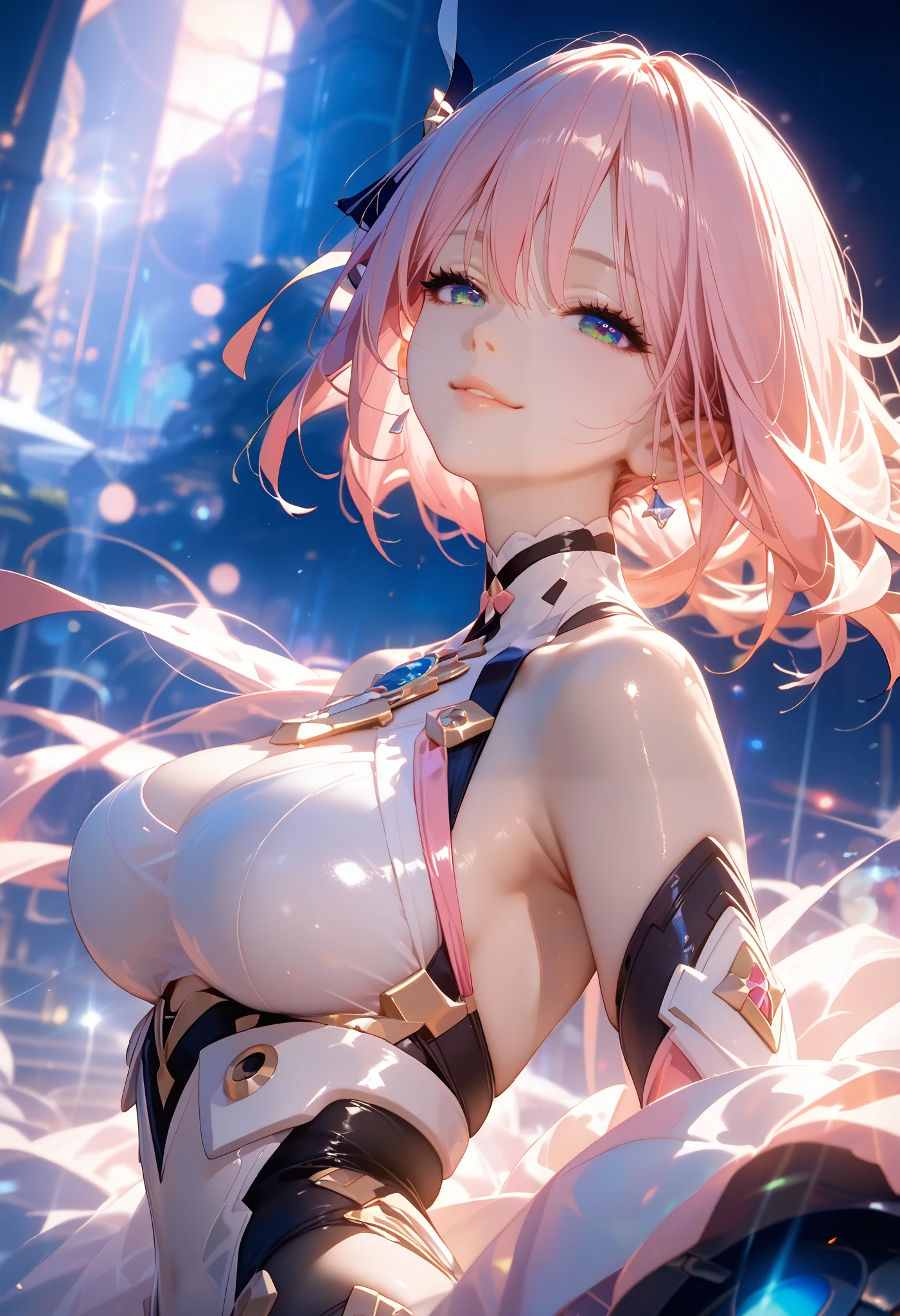 (masterpiece:1.1), (best quality:1.2), (artwork:1.1) of (cyber female, virtual reality, flirty, smiling wide, open mouth, pink, yellow, light yellow, azure, big eyes:1), crepuscular rays, (floating short hair, natural skin, modern haircut, pouty lips, portrait), (crisp:1.1), (ultra detailed, ultra detailed cg neon scenic background), centered, colorful, glowing, (depth of field), wavy hair, finely detailed, (edge detection:1), (120mm), beautiful eyes, (intense lighting:1.1), (ultrasharp), fine art, creative, face, bokeh, photographed on a Fujifilm GFX 100S, macro lens, selfie shot angle, bloom light, light caustics