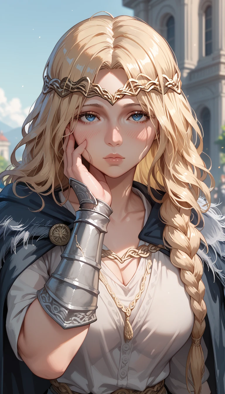 Milf, motherly, Fitgirl, Score_8_up, Score_7_up,  break, Best Quality, Beautiful Skin, blue eyes ,  Staring at the viewer, Heavy breath, sensual pose in the city park in the morning, blush , queen marika, elden ring armour set, hand on forehead 