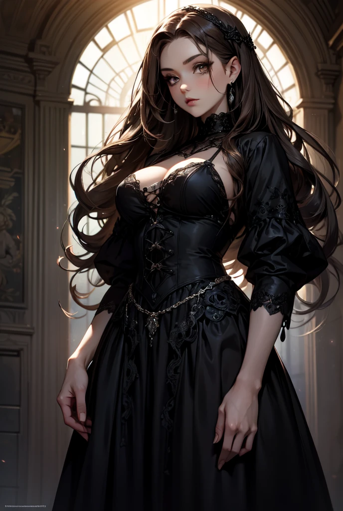 beautiful woman, 30s, gothic, 2d background with light effects