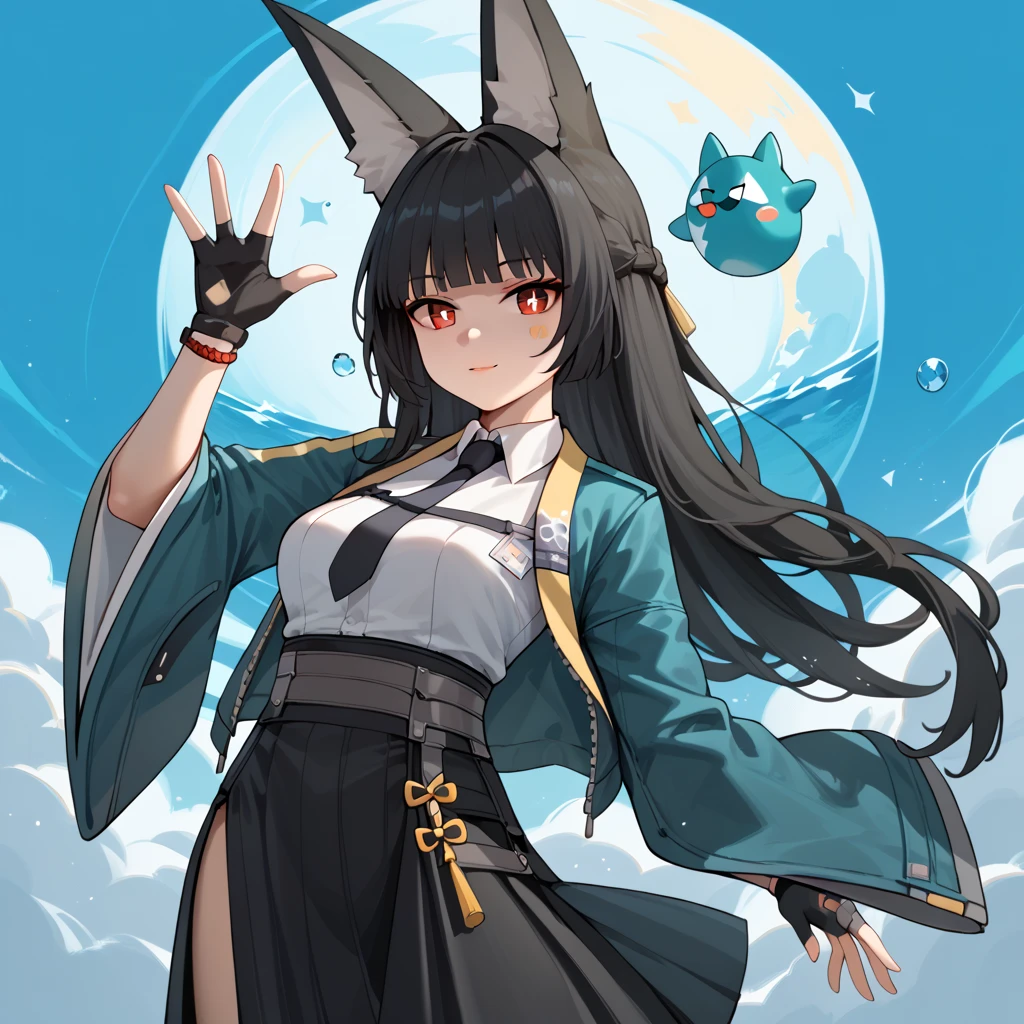 (masterpiece),(best quality),1girl, chibi, miyabi hoshimi,animal ear fluff, animal ears, black hair, bright pupils, fox ears, fox girl, half updo, long hair, red eyes, sidelocks, white pupils,, asymmetrical gloves, black gloves, black necktie, black skirt, blue jacket, collared shirt, fingerless gloves, gloves, high-waist skirt, jacket, long skirt, necktie, shirt, side slit, single fingerless glove, skirt, white shirt, wide sleeves, waving stickers