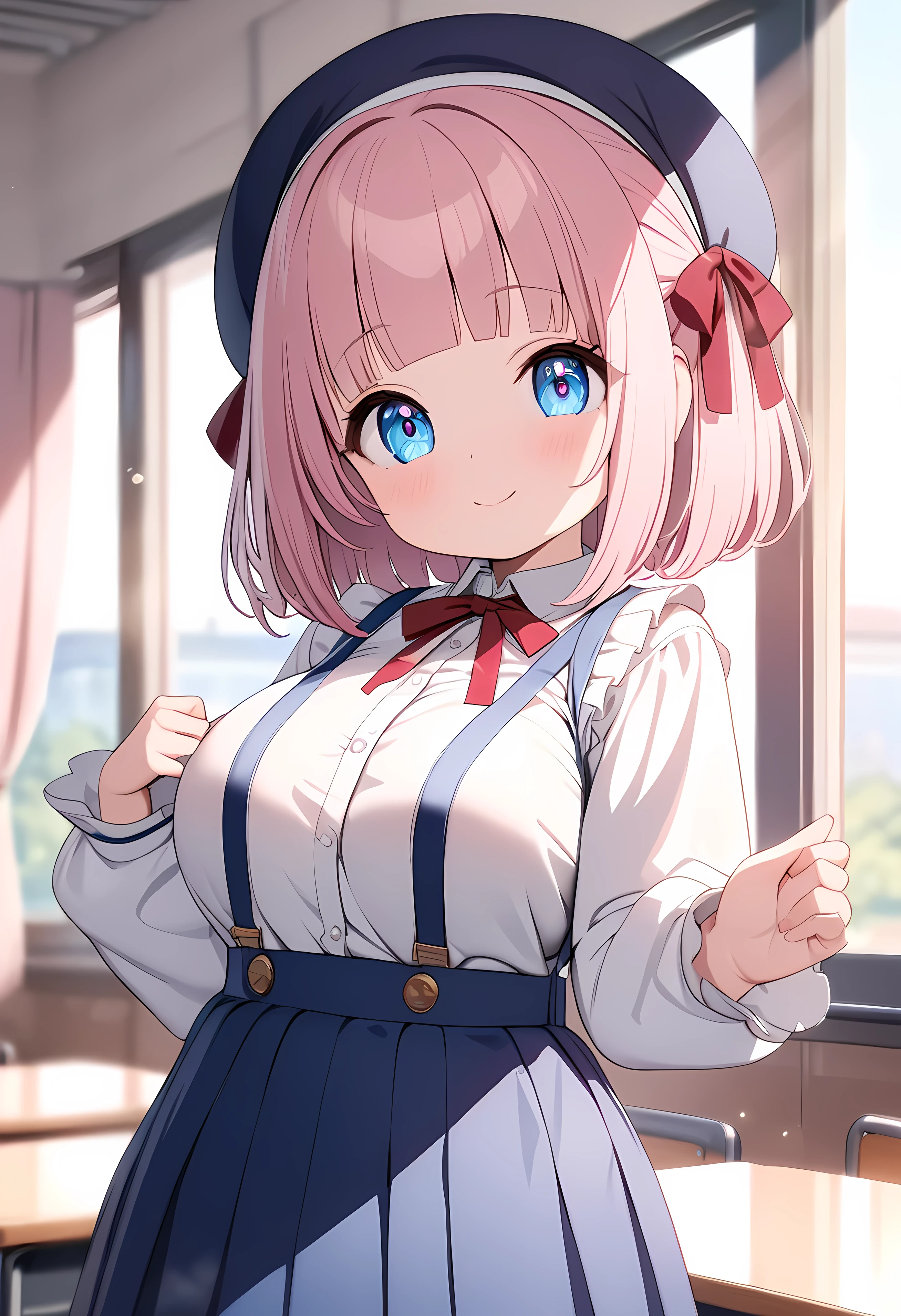( ,  short, Petite body,  , li, :1.4), ( Long Sleeve White Blouse ,  blue suspender skirt, red chest ribbon ), ( smiles, light blush, Beautiful light blue eyes), (blunt bangs,  bob hair,  pink hair), ( very big breasts), ( big thighs ),( cowboy shot), School,  (8k, best quality, masterpiece, clear, ultra high res, super detail, accurate, high details,  highres icon, beautiful face, beautiful eyes, Detailed eyes, Detailed face)