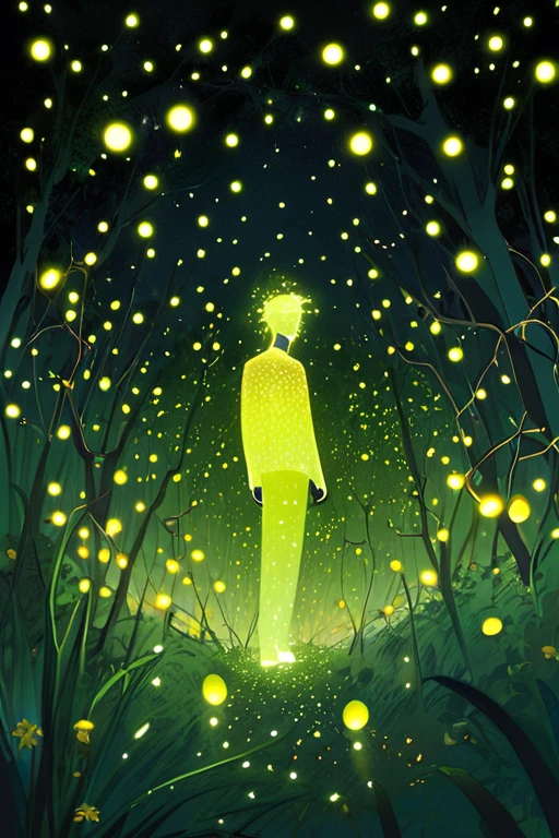 A man made of fireflies, Surrounded by fireflies.