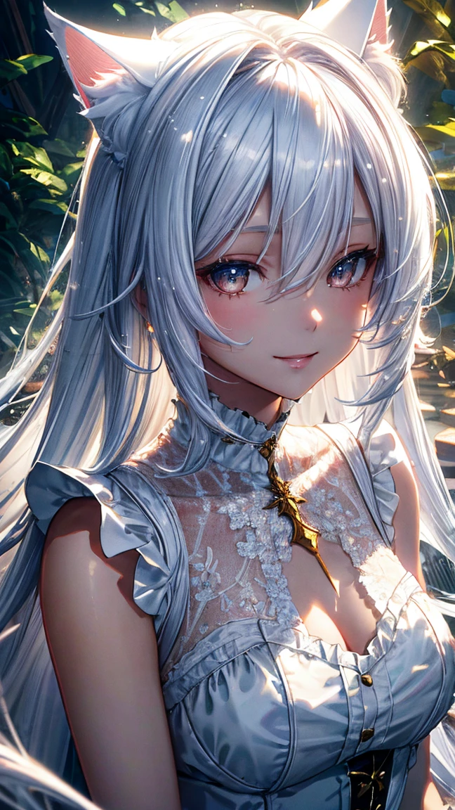 A beautiful young woman with long flowing white hair, delicate facial features, small breasts, gazing directly at the viewer, intricate details, high quality, photorealistic, cinematic lighting, soft pastel color palette, elegant, serene, ethereal