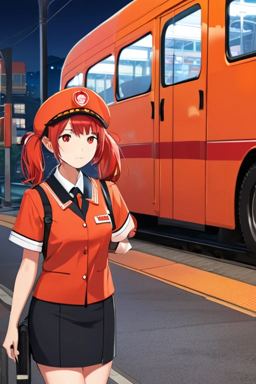  One girl , Alone, Red Hair,  red eyes,  twin tails, employee uniform ,   Pencil Skirt , Skeleton pattern, Navy Cap,  Orange Sky ,,  outdoors on the street at night, station, Standing in front of the bus,, 