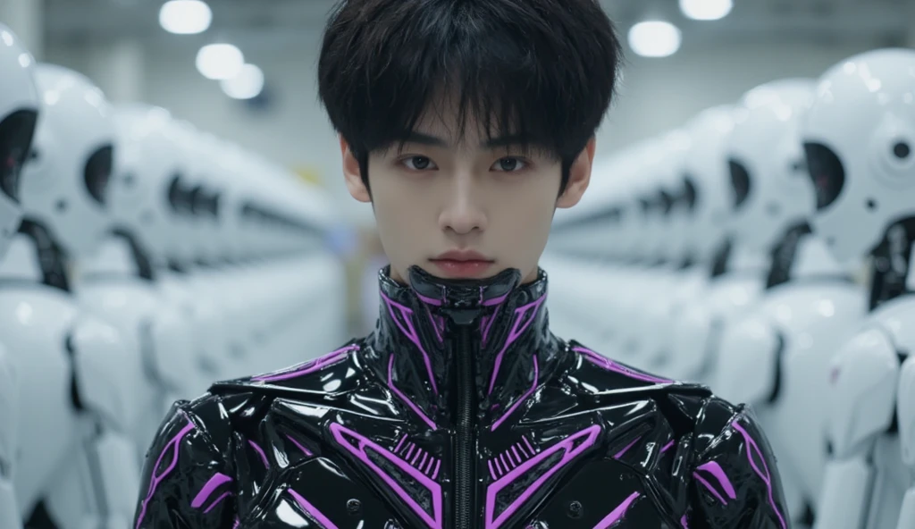 handsome, dashing Korean man, handsome kpop idol, his body is a sophisticated black cyborg robot with purple futuristic lines, and his mouth is also a sophisticated machine robot, his body is full of intricate details of highly detailed machines, is in a factory with lots of white robots lined up behind him, his body facing straight forward, the camera's perspective is from the man's front,