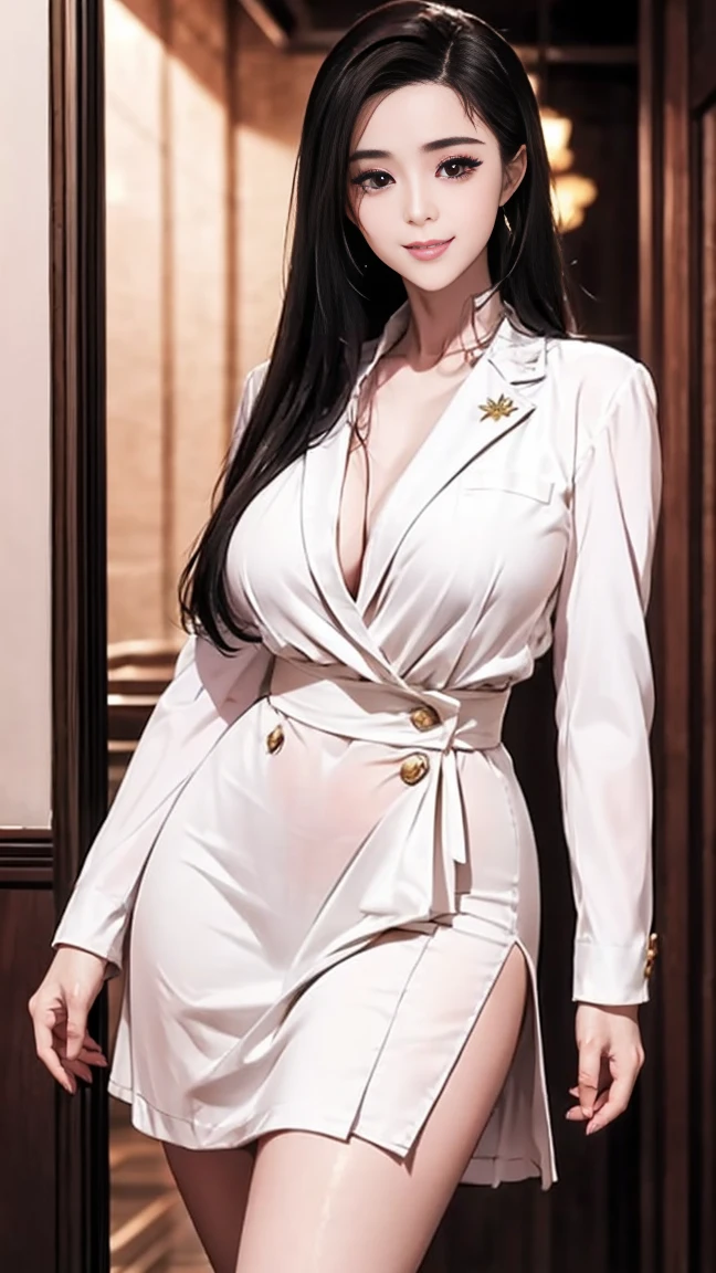 White pea coat, abrigo, tetas muy grandes, big tits, abrigo de piel blanco, pelo blanco, tetas grandes, sin sujetador, empezonada, mujer elegante, ropa elegante, smoking blanco, ropa blanca, a 20 year old female, Pelo largo, pelo color negro, con tetas grandes sin sujetador, tema oscuro, tonos relajantes, colores apagados, alto contraste, (textura natural de la piel, hiperrealismo, luz suave, afilado) tetas grandes, fondo blanco, pared fondo blanca, modelo