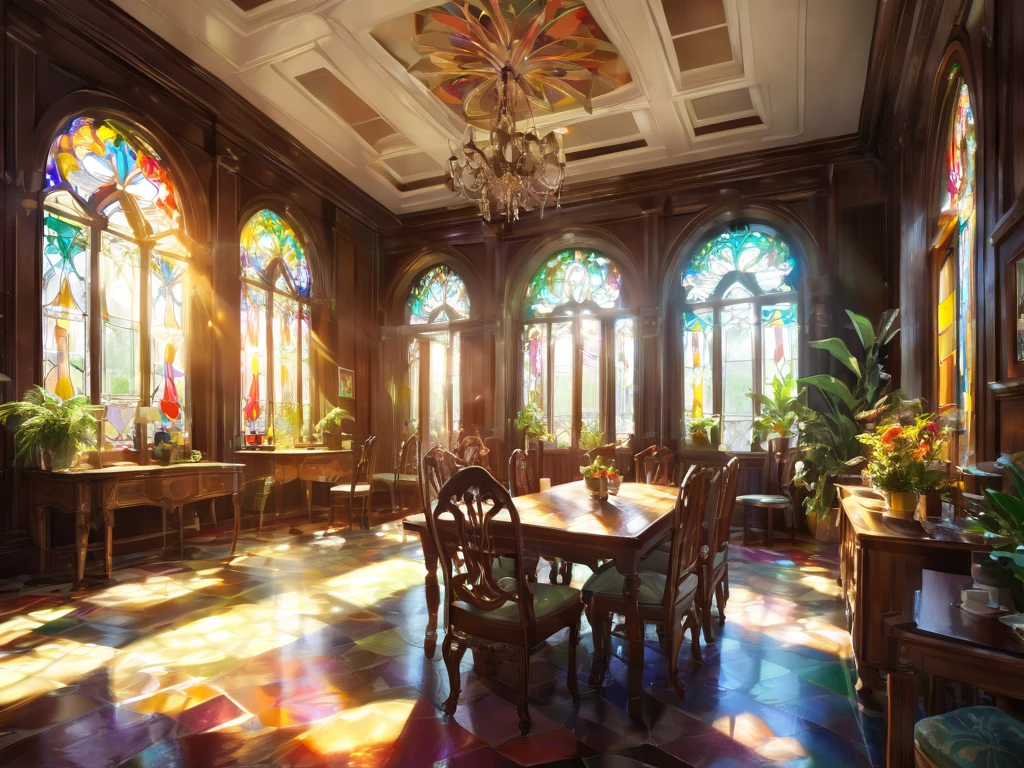 Sure! Here is the English prompt for generating the image:

Prompt:
"A high-quality stained-glass style design depicting a bright and elegant Western-style mansion room bathed in sunlight. The sunlight streams through large, intricate stained-glass windows, casting colorful patterns on the floor and walls. Inside the room, people are gathered, enjoying lively conversation while holding cups of coffee. The atmosphere is warm, cheerful, and inviting, with intricate details in the furnishings, such as vintage chairs, a polished wooden table, and lush indoor plants. The light and shadows interplay beautifully, emphasizing the vibrant colors and the joyous mood of the scene."

