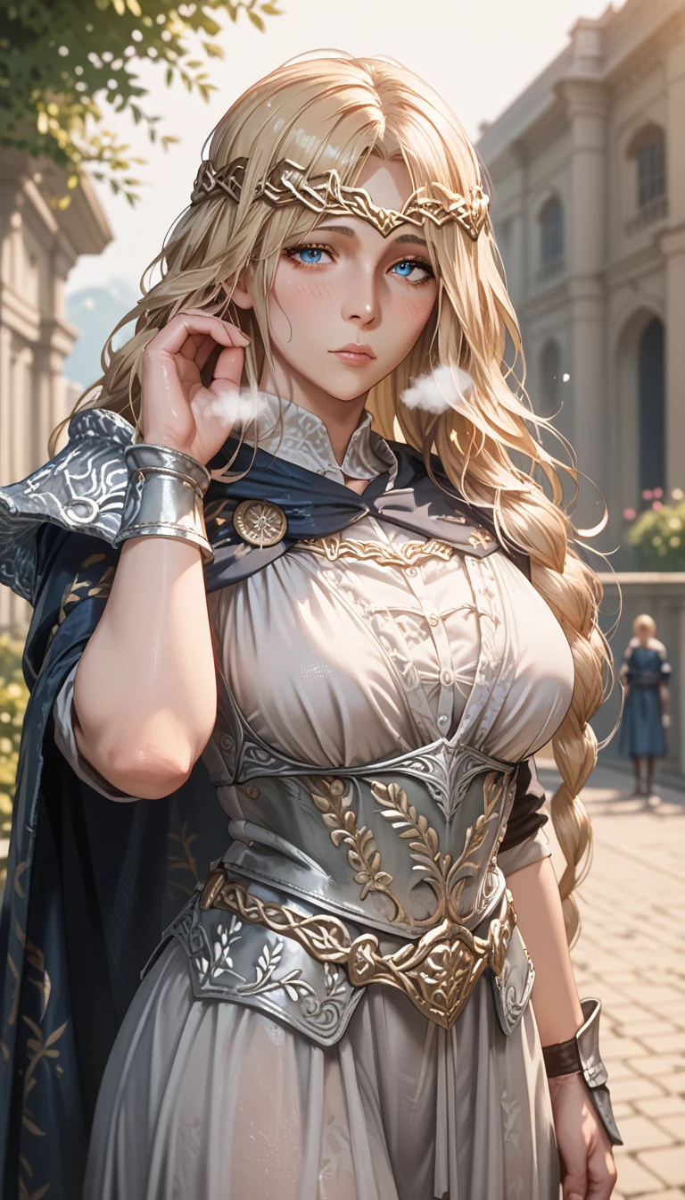 Milf, motherly, Fitgirl, Score_8_up, Score_7_up,  break, Best Quality, Beautiful Skin, blue eyes ,  Staring at the viewer, Heavy breath, sensual pose in the city park in the morning, blush , queen marika, elden ring armour sets, hand on forehead , 