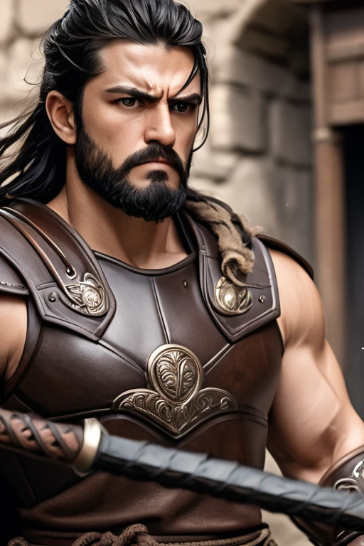 masterpiece,  High Quality , 最 High Quality ,  beautiful,  high res,  realistic ,  perfect lighting,  detailed face ,  Detailed Body , 1 person, Alone,  black hair,  green eyes,  Long Black Beard, brown and worn leather clothing  gladiator style : 1.4),  leather breastplate, A wooden spear in his hand, War Battle Background,  gladiator style ,  muscular man, Strong,  angry expression,  