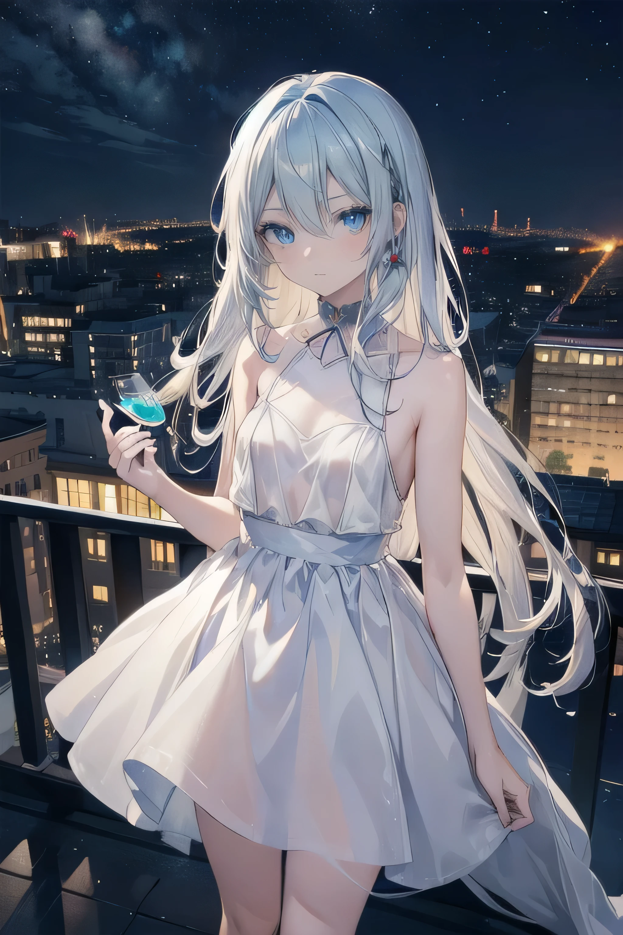 (masterpiece), (best quality), ultra detailed, finely detailed color, cenematic painting, bishoujo, ((one lady)), ager, cute face, white hair, absurdly long hair, straight hair, ((deep blue eyes:1.5)), holding glass, party dress, skiny clothes, sleeveless, see-through outfit, nsfw, chocker, standing, faint smile, slender body, small chest, urban, night, balcony, rooftop, skyline, city, cityscape