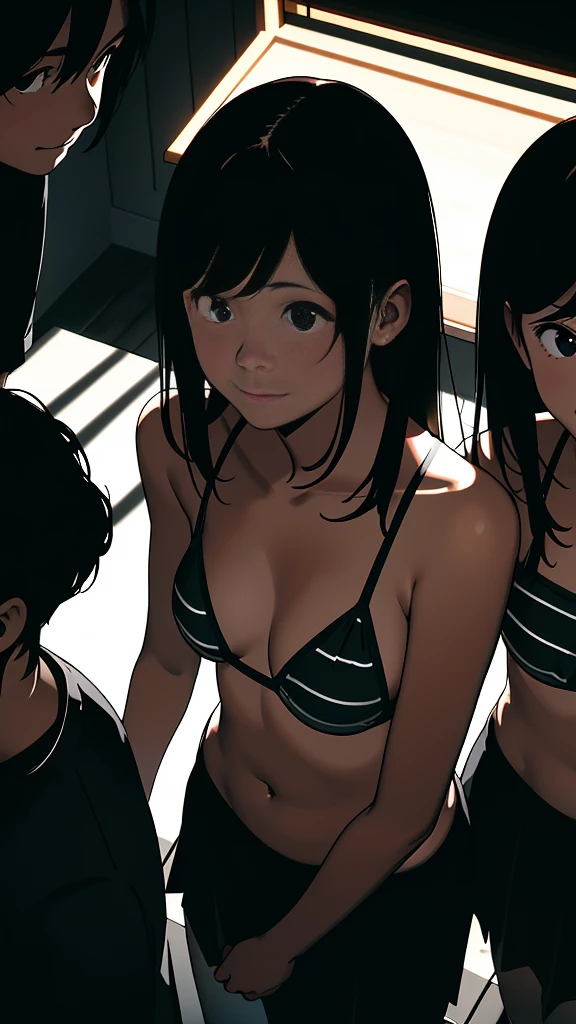 1 couple, (1 dark skin tone girl, 1 white boy:1.2), black eyes, black hair, short hair, naked, big breasts, missionary sex, female_ahegao_face, anime, rough sex