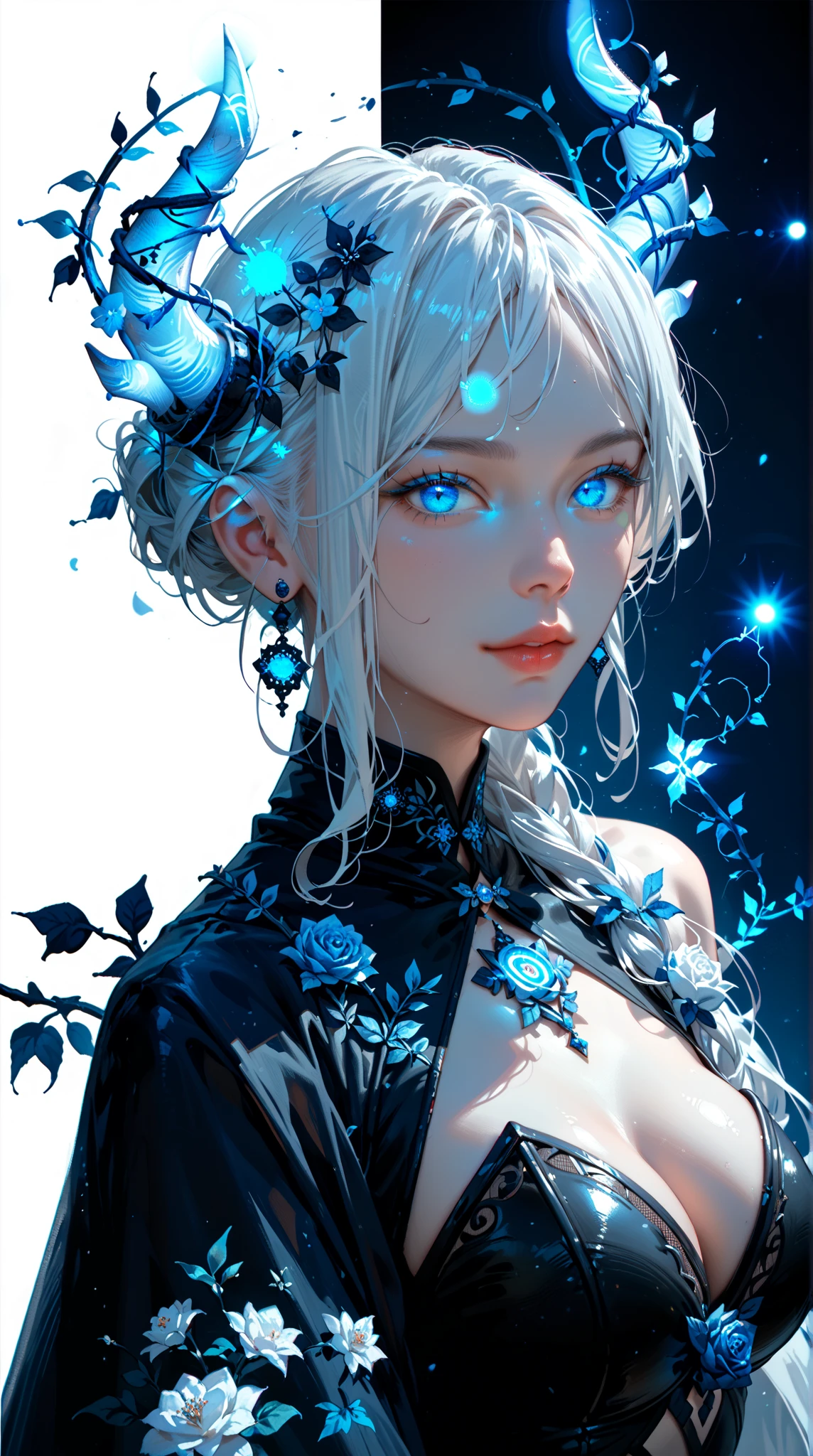 score_9, score_8_up, score_7_up, upscale 2x, (anime style, a beautiful female sorcerer, white hair, blue glowing horns and eyes, casting blue glowing twisted vines spells, wearing a black bodysuite, simple glowing background :1.2)