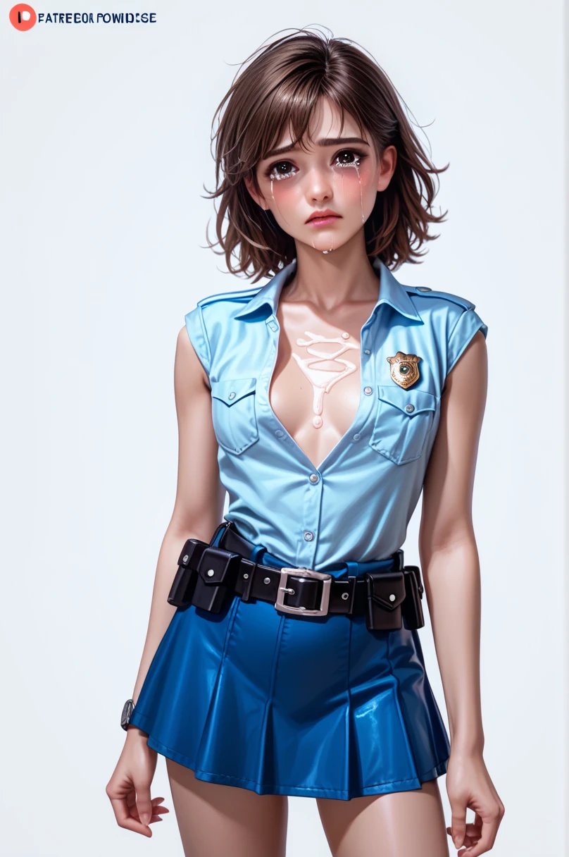  One girl ,Achika Lisa,( viewers:1.0),( slender body:1.2),(Blushed face:1.0),real skin ,small breasts,  shiny hair ,  Super Detailed Black Eyes,( Equipped Police Belt :1.5),( watch ),( frontal shot:1.2),24K,(Standing in a sexy pose:1.2),( Sexy Expression:1.2),( I have tears in my eyes:1.2),(mini length police skirt:1.2),(rolled up sleeveless police shirt ),Captivating thighs,( unmanned white background in the center of the screen:1.5),(Naturally :1.0),(( real:1.0)),(( realistic :1.0)),((Piece on chest :1.5)),(( cowboy shot:1.5))