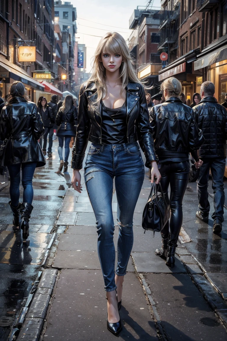 full body Realism, a 22 - year - old girl, long blonde hair, bangs falling on her face,blue eyes, beautiful hairstyle, gig breast, light makeup, dressed in a leather jacket, tight leather pants, beautiful shoes on her feet, evening city street in the background, high detail appearance, high detail hairstyle, high detail environment, high detail background, in the background is a modern city, the photo was taken with a photorealistic SLR camera, resolution full hd, 8K