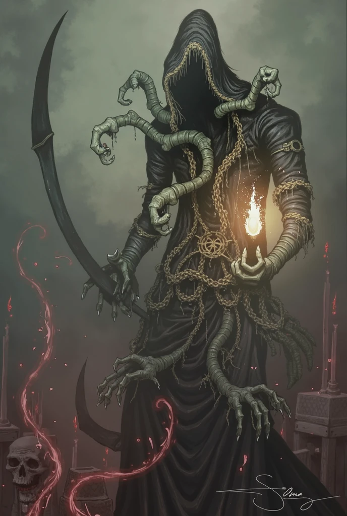 cadaverous hand holding a macabre playing card.
