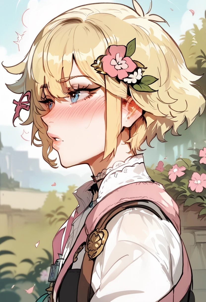 basilomori, blonde hair, hair flower, hair ornament, short hair, pink flower, blushed, blush, embarased, side view,