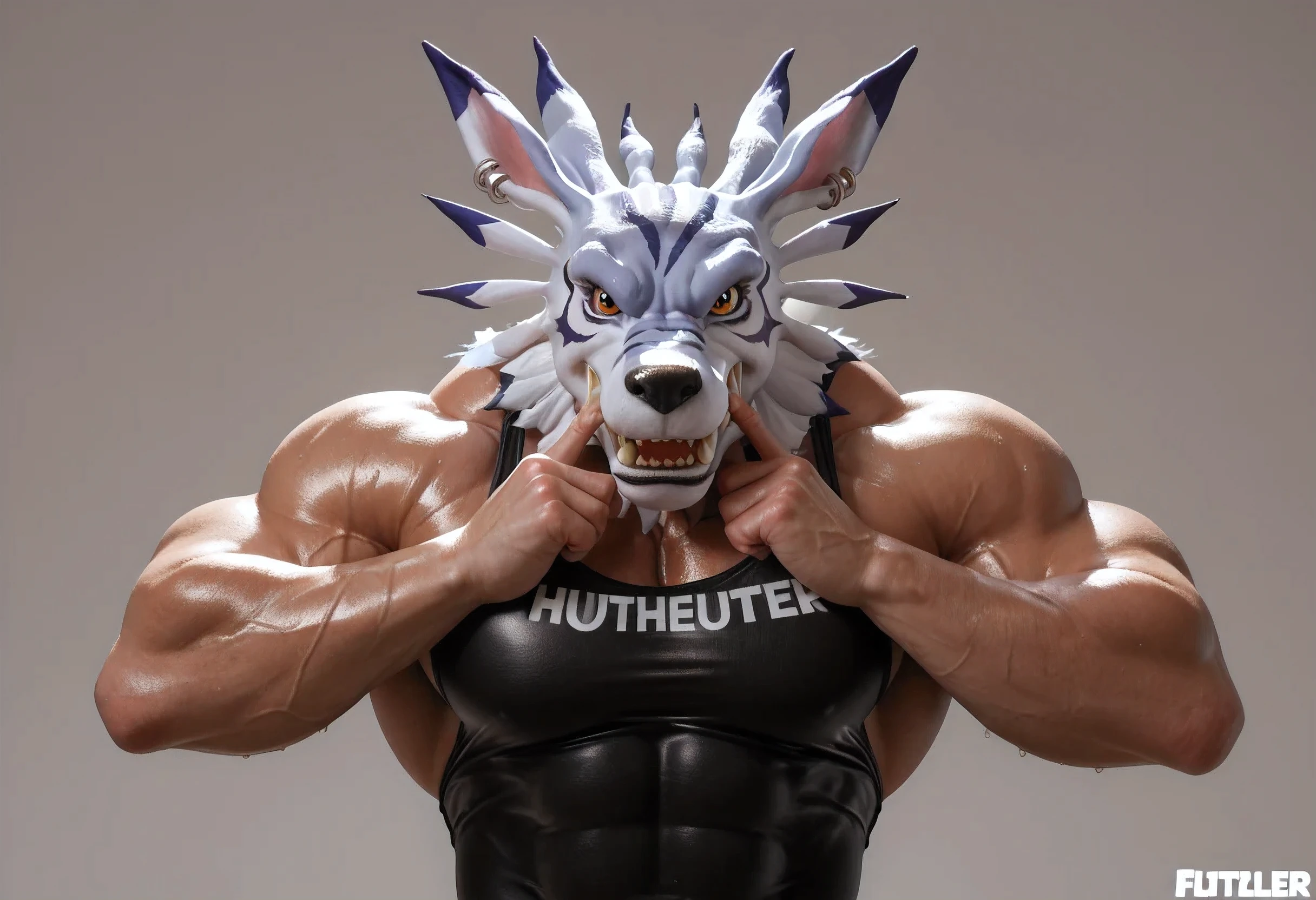 weregarurumon, simple background, detailed, half body, by taran fiddler, ((heavyweight, muscular, very muscular)), tense muscles, tight muscles, stern face, sweaty, (((glistening body))), mane, big head, (tan skin), wrestling singlet, touching face, ((fangs)), looking at viewer