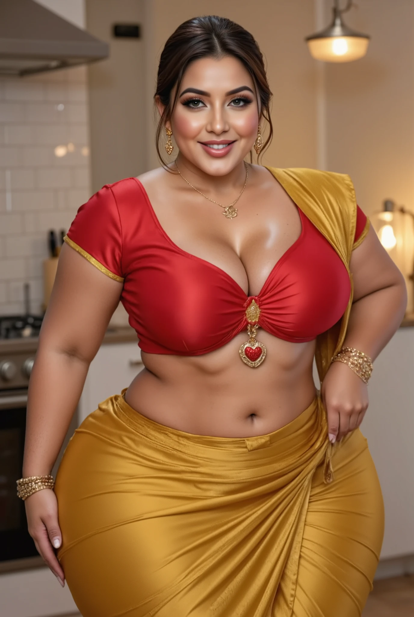 Hd realistic photo of Voluptuous Mature Indian desi Aunty with dusky skin, wearing very deep low neck red shining silk blouse and reflective glossy shining gold transparent Saree, showing her large  Cleavage and navel,nipples projection over blouse,Red Sindoor on her forehead, Hair messed up, nice curves, standing in a beautiful kitchen,red lips,big breast, huge breast, big ass, huge ass, big thighs, bulging ass, full body image,side view of women

Her hair is neatly pulled back into a bun. She accessorizes with simple gold jewelry, including a gold chain with a love symbol locket and matching earrings.