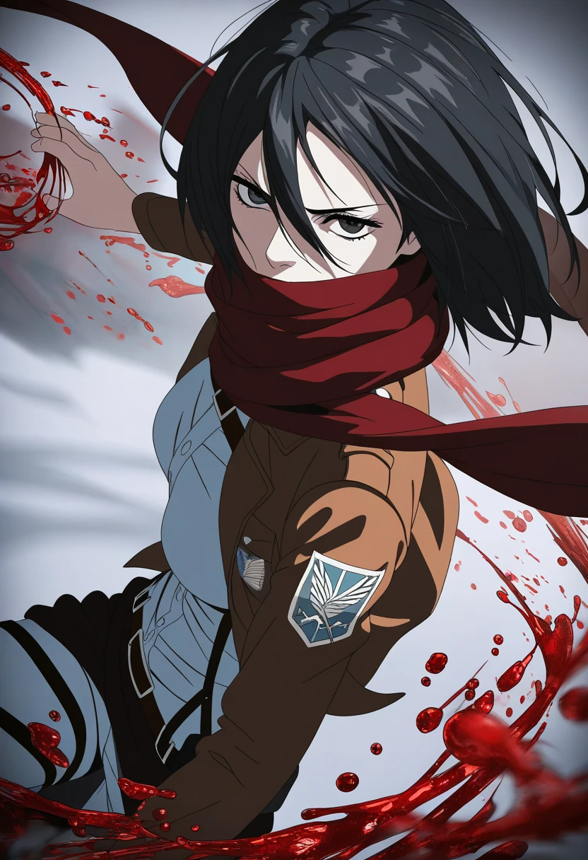 (masterpiece, best quality), amazing quality, very aesthetic, absurdres, highres, newest, HDR, 8K, high detail RAW color art, high contrast, bright face, large pupil, eyelashes, brilliant skin, shiny skin, 3D, 
1girl, mikasa ackerman, black hair, black eyes, dutch angle, angry, dynamic pose, broken, blood effect, battle