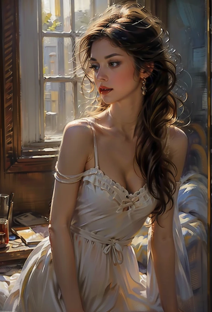 ((of the highest quality, 8K,Raw photo)), (Realistic, Photorealistic: 1.37), (Face Focus: 1.1), medium breasts, long hair, Elegant vintage painting of a woman in a longdress at the window ,  Sunlight, Movie Lighting,oil painting, fine arts , ultra detailed 