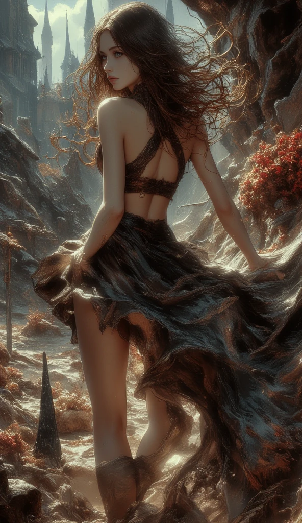 arurinh, (blushing)) ((blushing)), waist up, aberdes, long straight lift hair, dynamic pose, modelshoot: photoshoot, HD, high contrast, sharp image, mastery, mouth closed, balanced eyes, CG render, small skull, clavicle detail, (best quality detail: 1.2), realistic, 8K ultra-fine, high quality texture, fine texture, fine detail, high detail, extremely detailed CG, high quality shadows, beautiful and delicate eyes, freedom, beautiful woman, tall, blurred background, Beautiful slender girl Girl pushing broken car, high heels, Skimpy skirt, blowing skirt, red Thong , photorealistic, forest ground road scenery, multi lighting, sunset
