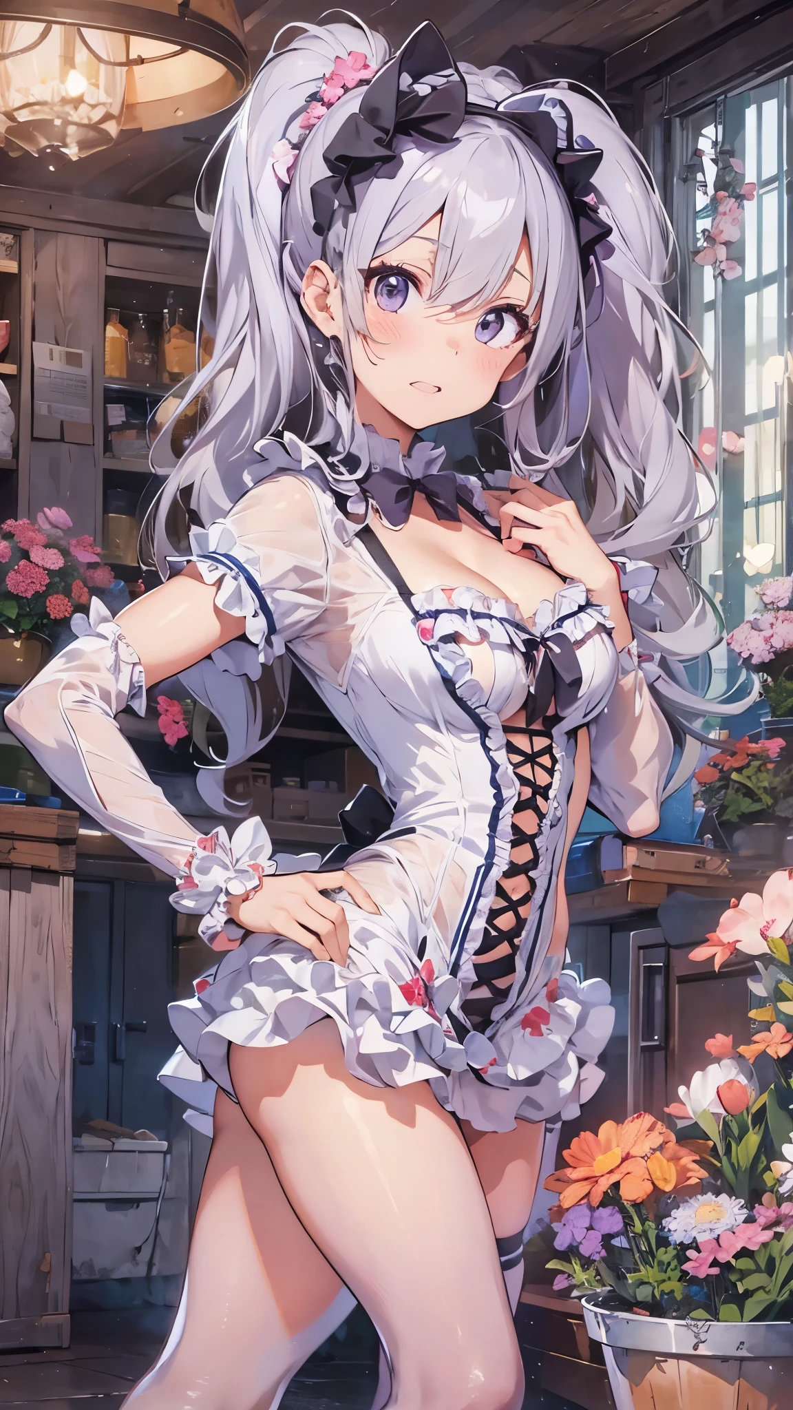 ((nsfw:1.3)),((side tie panties:1.3)),((open pussy panties:1.3)),((high quality pussy:1.3)),(open chest:1.2),((very flat chest :1.3)),((open design skirt:1.3)),((ribbon garter)),highest quality, masterpiece, long eyelashes, Sparkling輝く目, Dresses with ruffles and ribbons, Eat cake in a café, Sparkling, Cat ear, flower hair ornament,