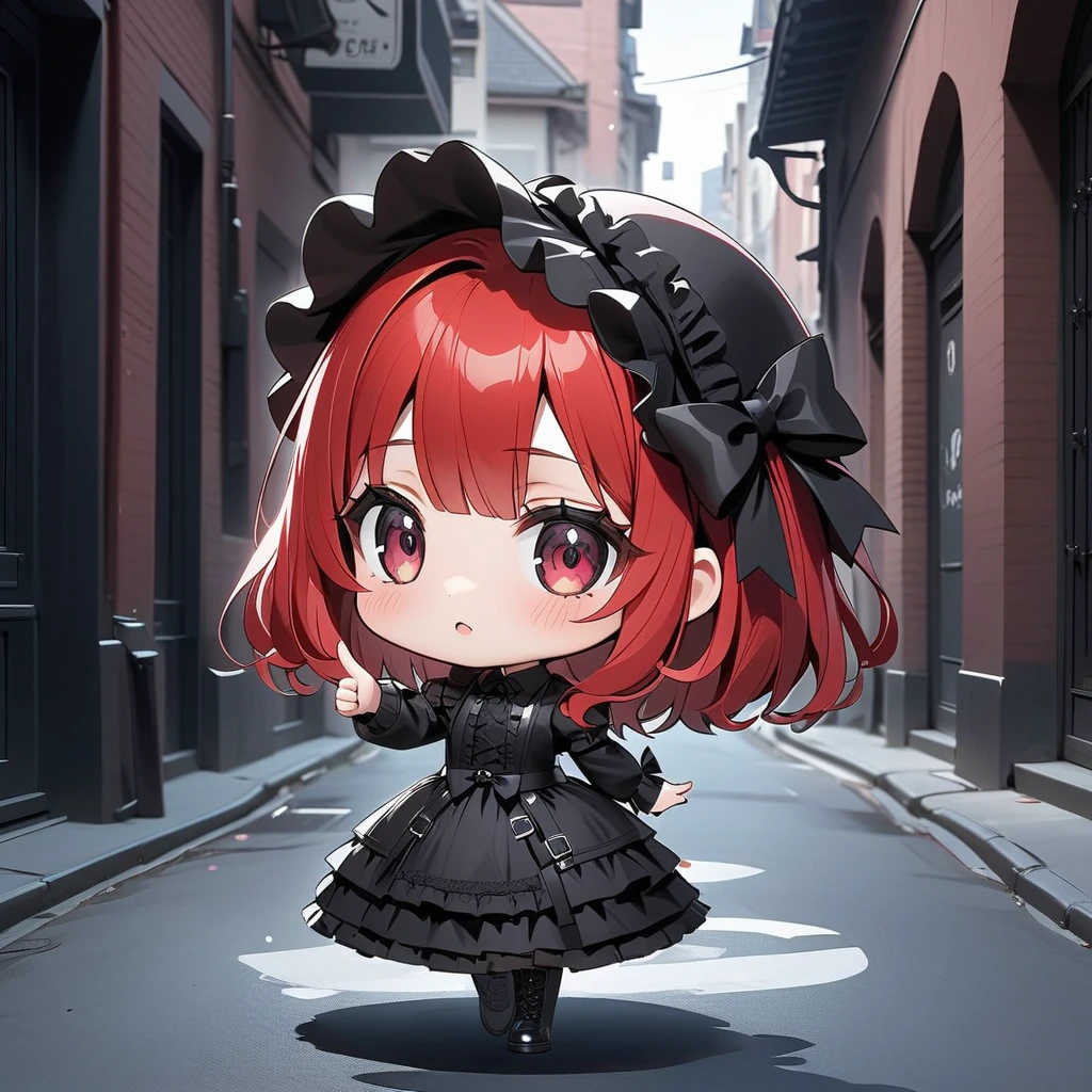  top quality , masterpiece,  Kyrie Light Mash , Alone,  One Girl ,  dark eyes、(Gothic　Lolita Outfit ), (Chibi: 0.6),  Bright Red Hair ,  cute, Random Background、( Positions Pointing Forward),