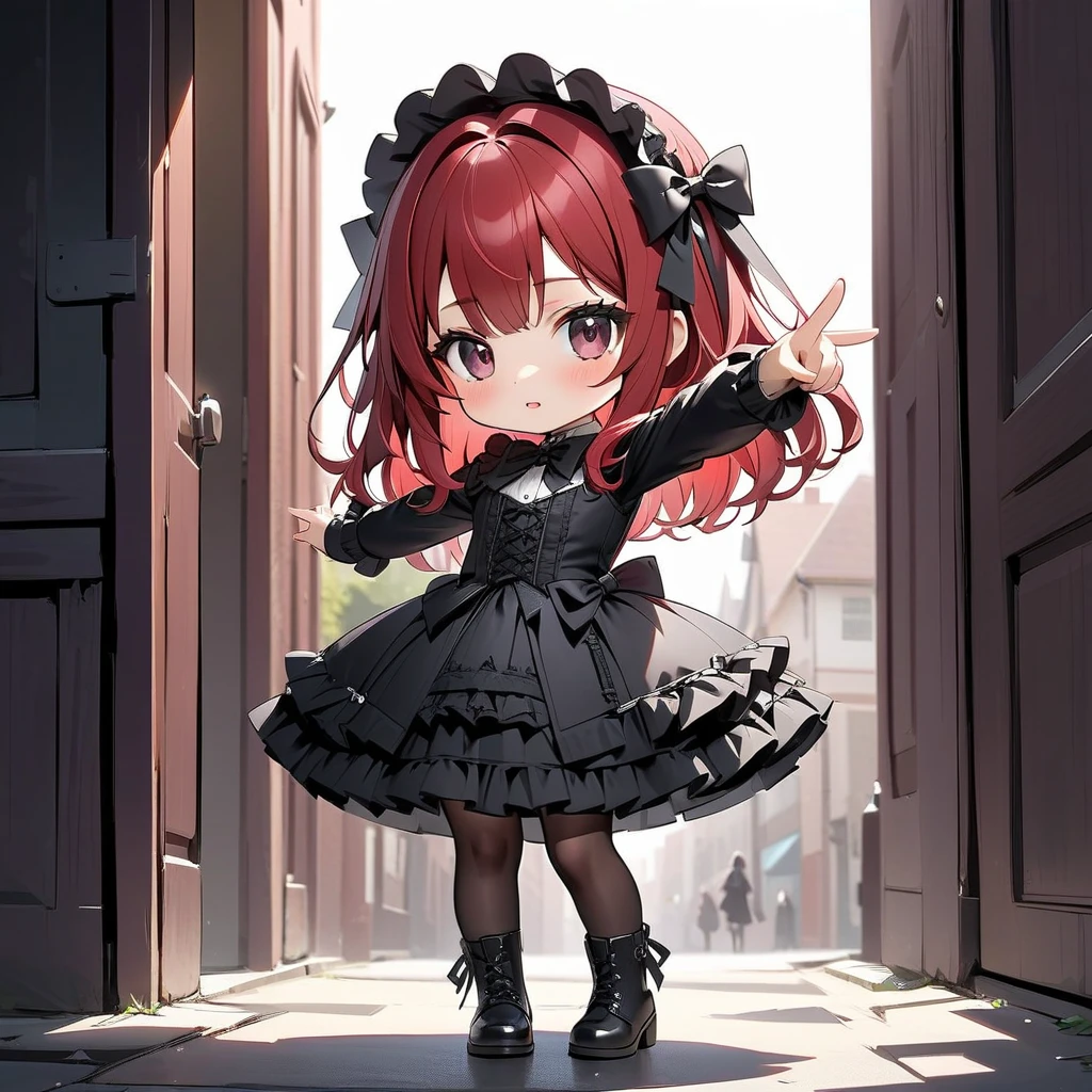  top quality , masterpiece,  Kyrie Light Mash , Alone,  One Girl ,  dark eyes、(Gothic　Lolita Outfit ), (Chibi: 0.6),  Bright Red Hair ,  cute, Random Background、( Positions Pointing Forward),