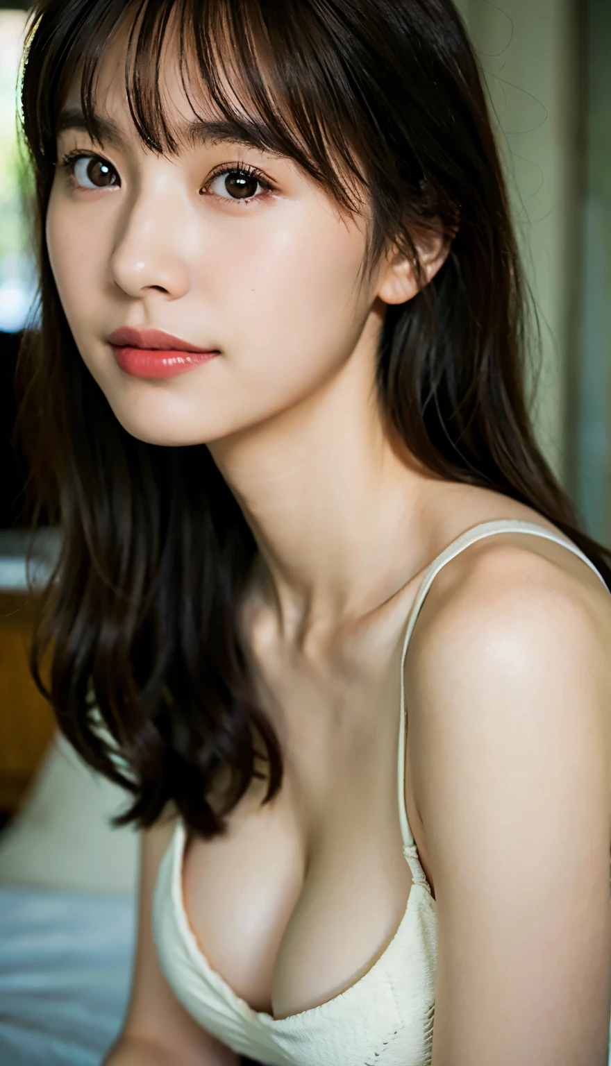 Top quality, 1 beautiful woman, Slim Body, Busty Breasts, half smile, linger, 35mm lens, f/1, close_up,