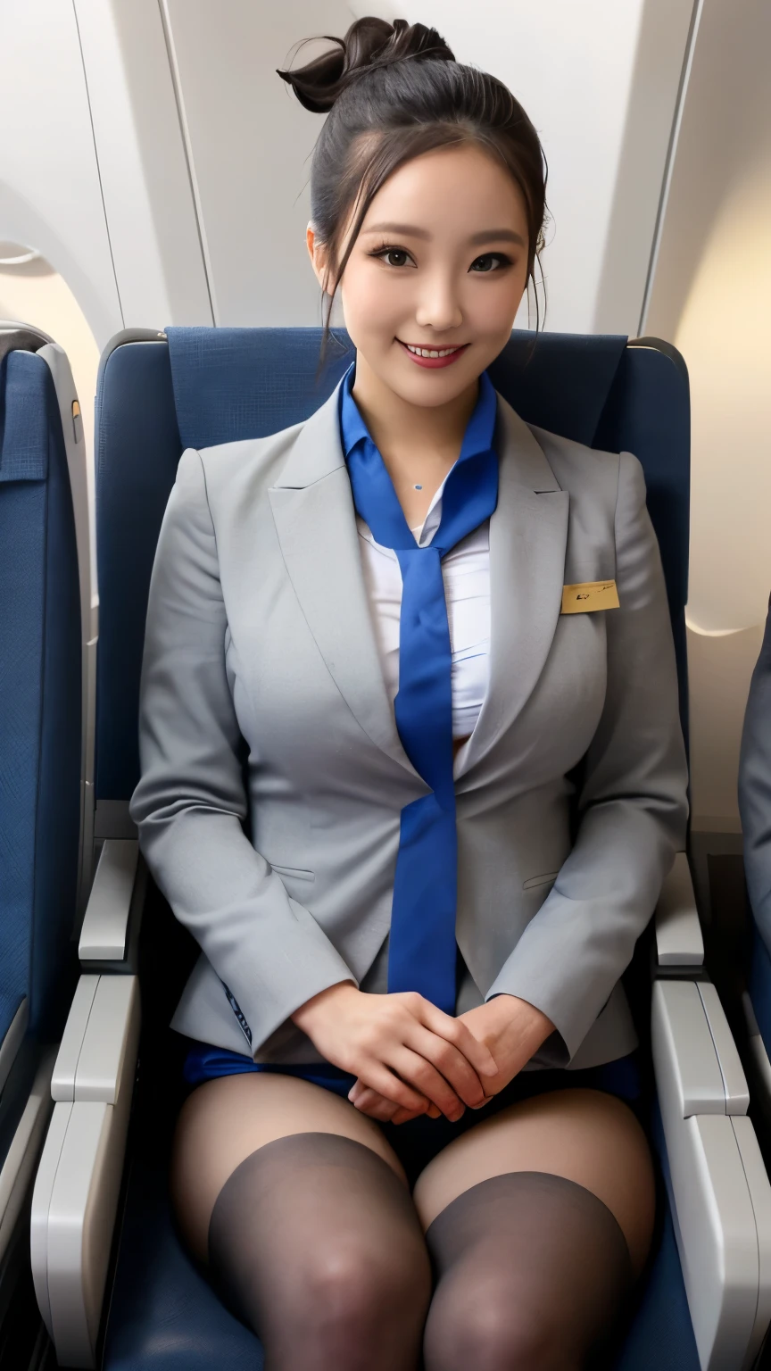 ( top quality :1.2),  RAW photos ,  high res,  perfect detail,  professional photography,   professional writing  ,  Sharp Focus,  very beautiful cute lady like an angel ,   Japanese Girl, 2,   beautiful detailed face and eyes ,  double eyelids with great attention to detail, Droopy eyes,  dark haired, Forehead, ( Top Knot:1.2), smile, (Big Breasts:1.3), ANA cabin attendant, ( gray cabin attendant uniform :1.3) ( of the attendant sitting in the seat has a light blue silk scarf wrapped around his neck:1.2), ( black stockings to hold hands:1.2), ( pink panties:1.2), (Of the staff sitting in the seat), ( Blue Denim Hot Pants :1.2), (On the plane:1.3), (A very beautiful cute woman who looks like an angel :1.3), ( full body shot :1.3)
