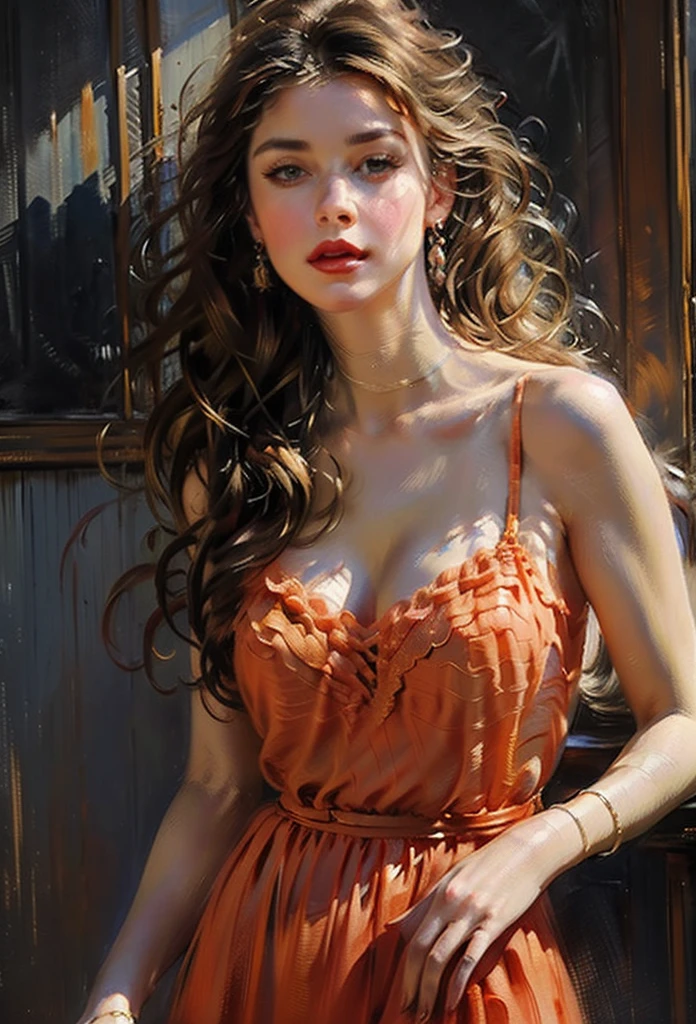 ((of the highest quality, 8K,Raw photo)), (Realistic, Photorealistic: 1.37), (Face Focus: 1.1), medium breasts, long hair, Elegant vintage painting of a woman in a longdress at the window ,  Sunlight, Movie Lighting,oil painting, fine arts , ultra detailed 