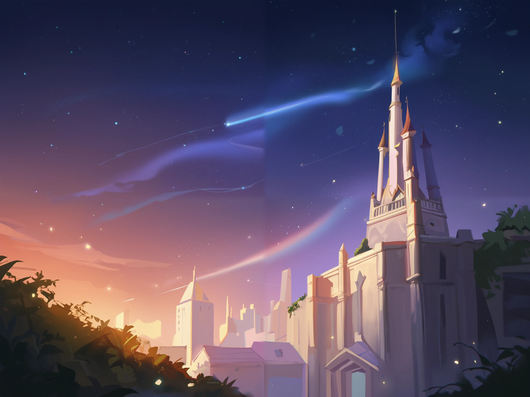 score_9, score_8_up, score_7_up, score_6_up, score_5_up, score_4_up, 748cm style,, (masterpiece: 1.0), best quality, masterpiece, best quality, good quality, very aesthetic, absurdres, newest,  lizparf, digital art, digital painting, brush texture, brush stroke, bright colors, grain filter, a person standing on top of a building watching a metor shower, beautiful scene, tons of particles, starry night, long shot, wide shot, beautiful
