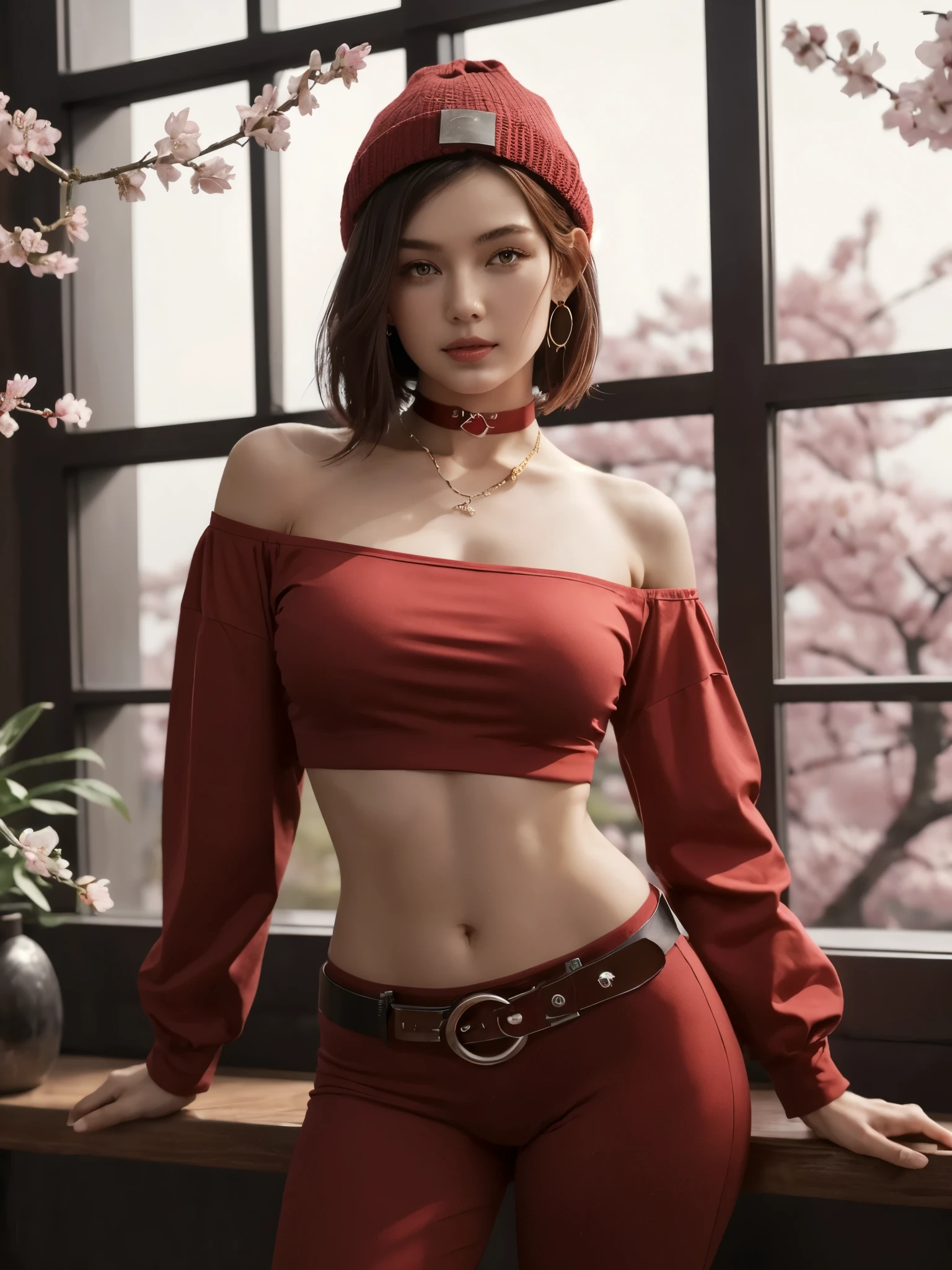 (best_quality, masterpiece:1.2), (highly detailed), (4k, 8k, uhd, high_resolution, highres), girl, long sleeve off-shoulder crop top, shoulder, clavicle, breasts, navel, fit pants, oppulent belt, beanie, long hair, looking at viewer, necklace, earring, window-plantations, top quality, masterpiece, beauty, nature, sophisticated, sexy, perfect, red hair, bob cut, stylish, red sexy underwear, red choker, cherry blossoms,