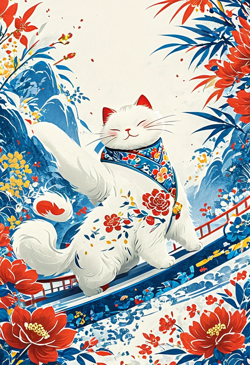 new chinese style,flower,cat,Mt Fuji,furry, red flower,Japanese Kimino,obi,solo,whiskers,floral print,animal,smile