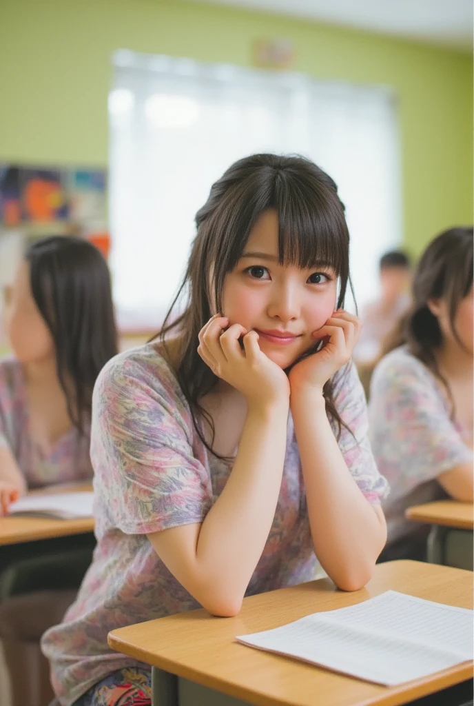 At school,  they are wearing loose-chested blouses,  stand with their elbows at the desk ,  holding down your cheeks , And they look forward and smile 、Angle of view is from above 