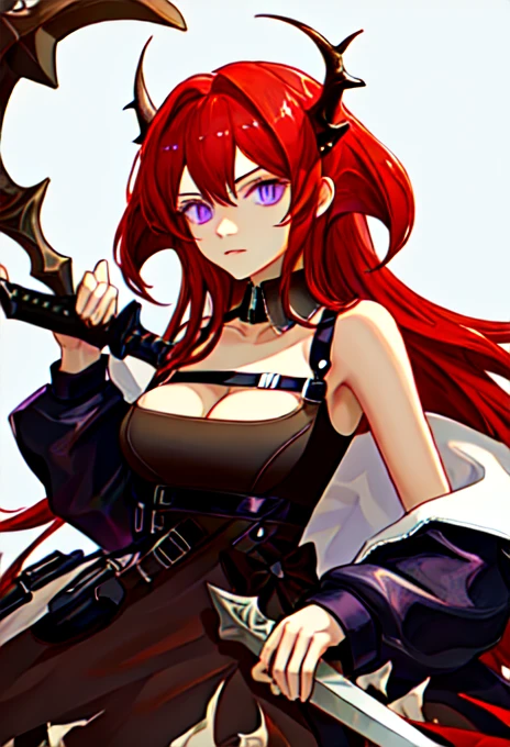 best quality, masterpiece, highres, solo, {surtr_arknights:0.90}, 1girl, black_dress, demon_girl, dress, holding, weapon, holding_weapon, looking_at_viewer, sword, bare_shoulders, holding_sword, cleavage, jacket