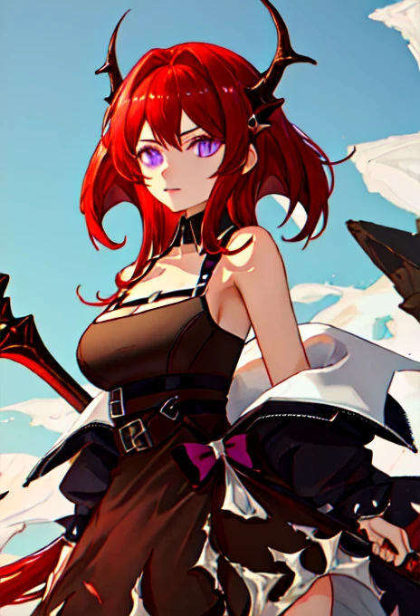 best quality, masterpiece, highres, solo, {surtr_arknights:0.90}, 1girl, black_dress, demon_girl, dress, holding, weapon, holding_weapon, looking_at_viewer, sword, bare_shoulders, holding_sword, cleavage, jacket