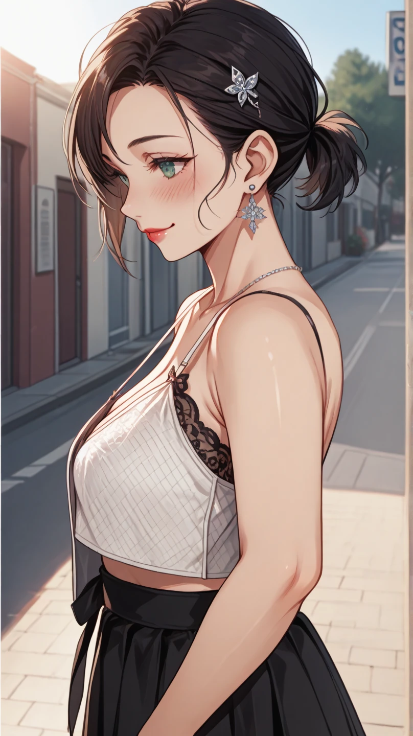 score_9,score_8_up,score_7_up，married woman，Smile， Blush，earrings， Black Short Hair ， Short Haired Ponytail ，Lipstick，Sunlight，summer，  Girl on the Street  ， beautiful woman ，Standing  Girl on the Street  ，Ahead，[lure， Black Button  ， Gray 100 Page Skirt  ， White vest ，  Leaves Your Shoulders Exposed ，  plump breasts  ，Mature and sexy， hairpin ，Cover Design，  Magazine Cover  ，Cover Girl， Perspective Bra  ，（（ Light Green Lace Bra ））