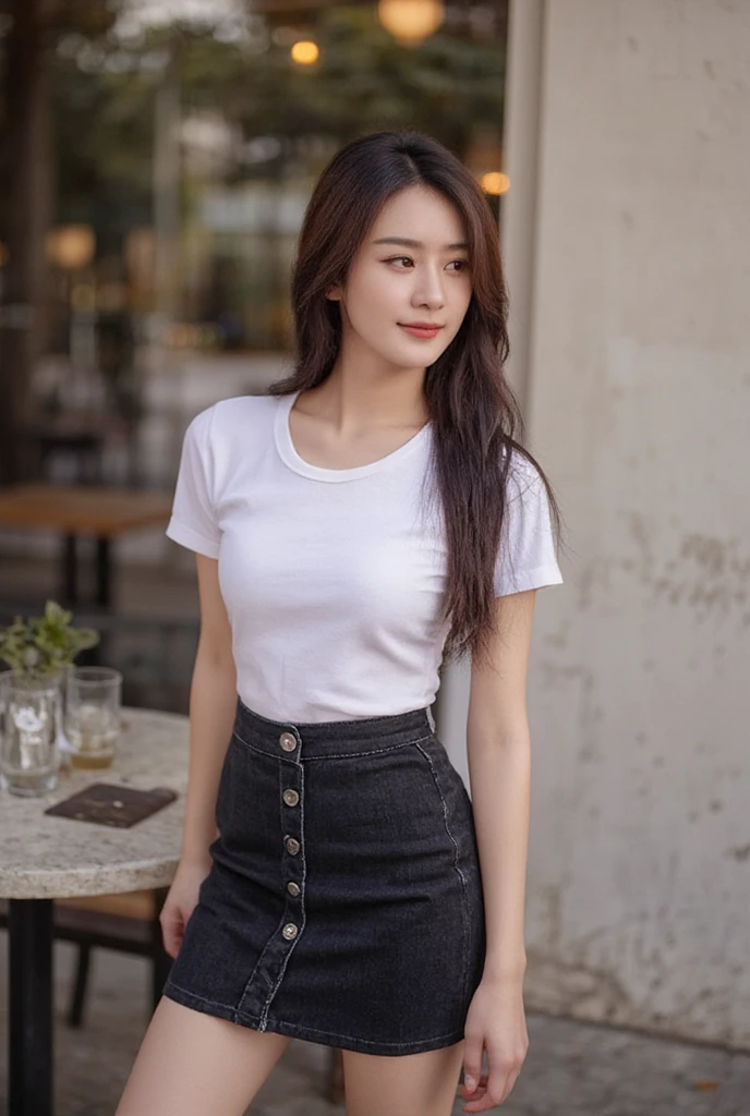 Gay Girl Long Hair Natural Brunette Unleashed, slender,  medium breasts,  Smirk,  wearing a white round neck T-shirt with short sleeves,  Short black pencil denim skirt  , Random pose ,Standing posture,  Moonlight , Daylight  , Cafe location 