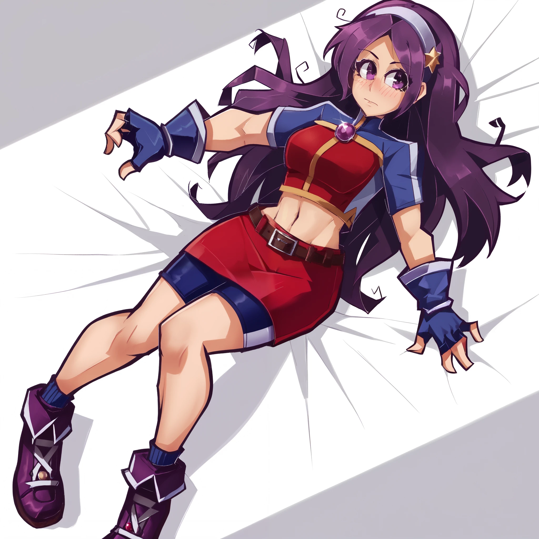 Masterpiece, best quality,ATHKOF2002, purple hair, long hair, purple eyes, white hairband, blue sleeves, pearl (gemstone), short sleeves, red top, belt, fingerless gloves, navel, red skirt, biker shorts,  blush, solo, seductive ,Laying on her back, upper body slightly tilted to the left, legs hanging down from an invisible bed or edge, left arm bent near her face, right arm resting gently on her abdomen ,Top-down view with a slight tilt capturing her entire body at a diagonal angle ,Soft, calm, neutral expression with half-closed eyes giving a serene or daydreaming vibe, hair spreading out naturally on the surface, slightly messy hair,dbp, purple shoes