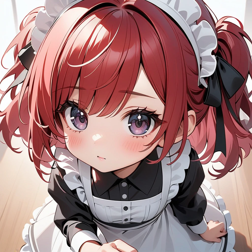  top quality , masterpiece,  Kyrie Light Mash , Alone,  One Girl ,  dark eyes、( cute maid clothes), (Chibi: 0.6),  Bright Red Hair ,  cute, Random Background、( Positions Pointing Forward),